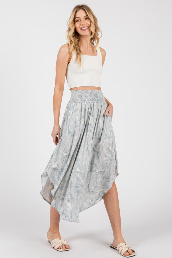 Blue Printed Smocked Waist Round Hem Midi Skirt