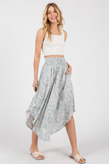 Blue Printed Smocked Waist Round Hem Midi Skirt