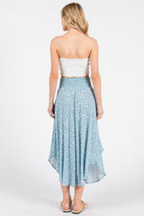 Blue Floral Smocked Waist Round Hem Midi Skirt