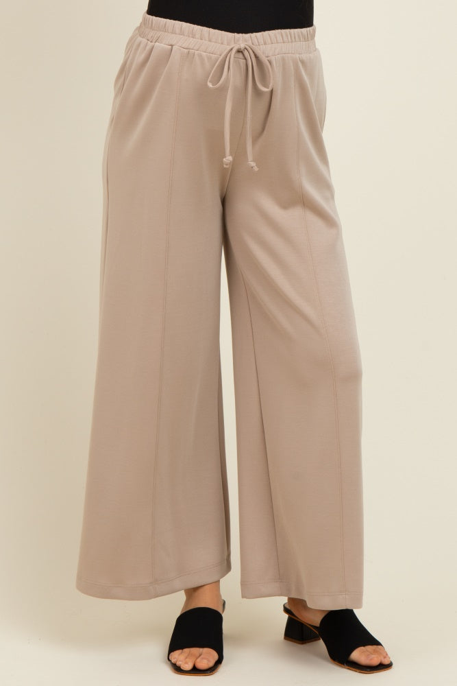 Beige Drawstring Wide Leg Maternity Pants