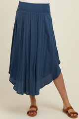 Light Navy Smocked Waist Rounded Hem Maternity Skirt