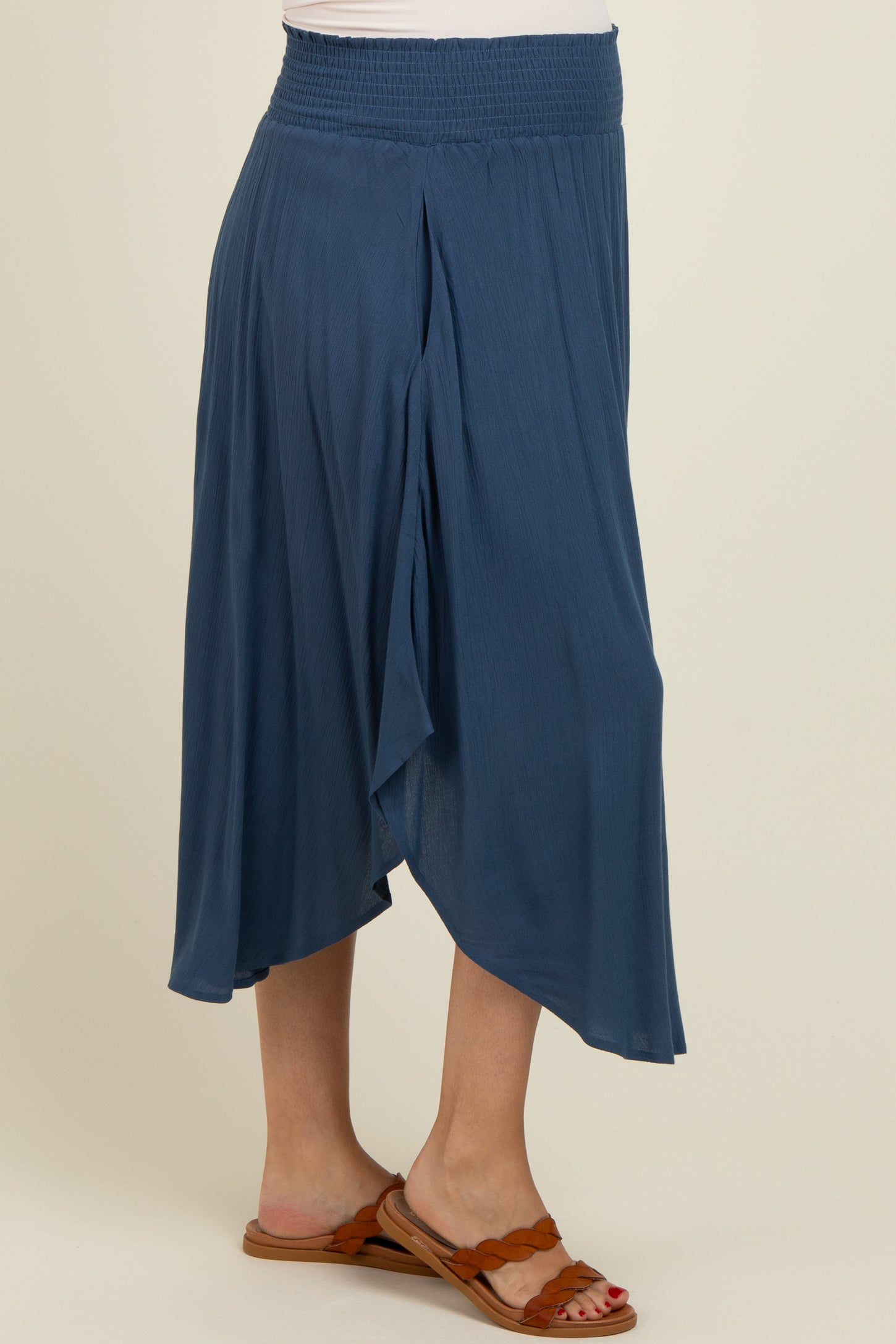 Light Navy Smocked Waist Rounded Hem Maternity Skirt