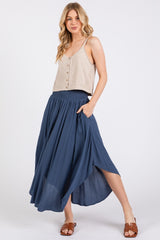 Light Navy Smocked Waist Rounded Hem Skirt