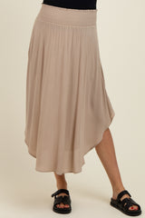 Beige Smocked Waist Rounded Hem Maternity Skirt