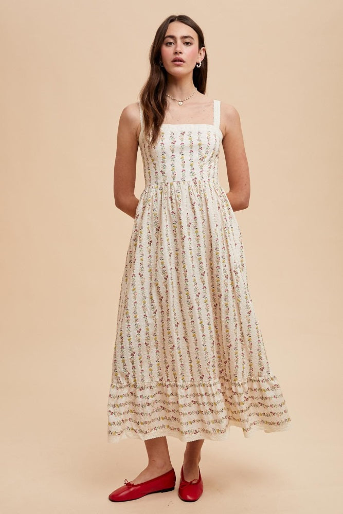 Cream Floral Textured Cotton Lace Trim Maxi Dress