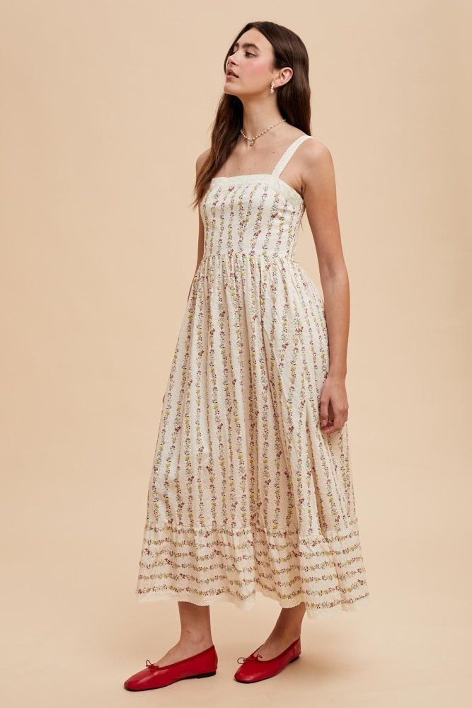 Cream Floral Textured Cotton Lace Trim Maxi Dress