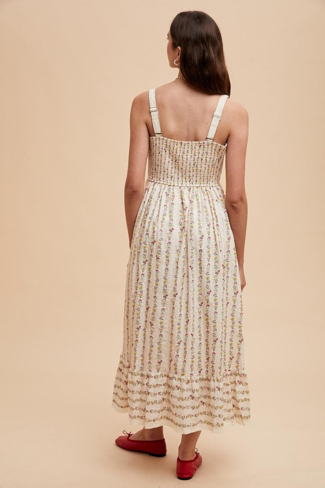 Cream Floral Textured Cotton Lace Trim Maxi Dress