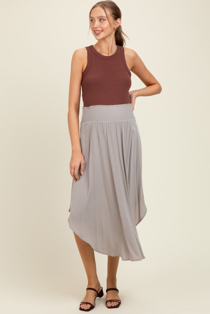 Light Grey Smocked Waist Rounded Hem Maternity Midi Skirt