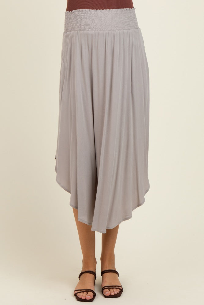 Light Grey Smocked Waist Rounded Hem Maternity Midi Skirt