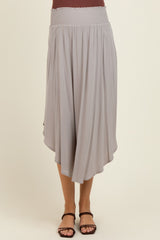 Light Grey Smocked Waist Rounded Hem Maternity Midi Skirt