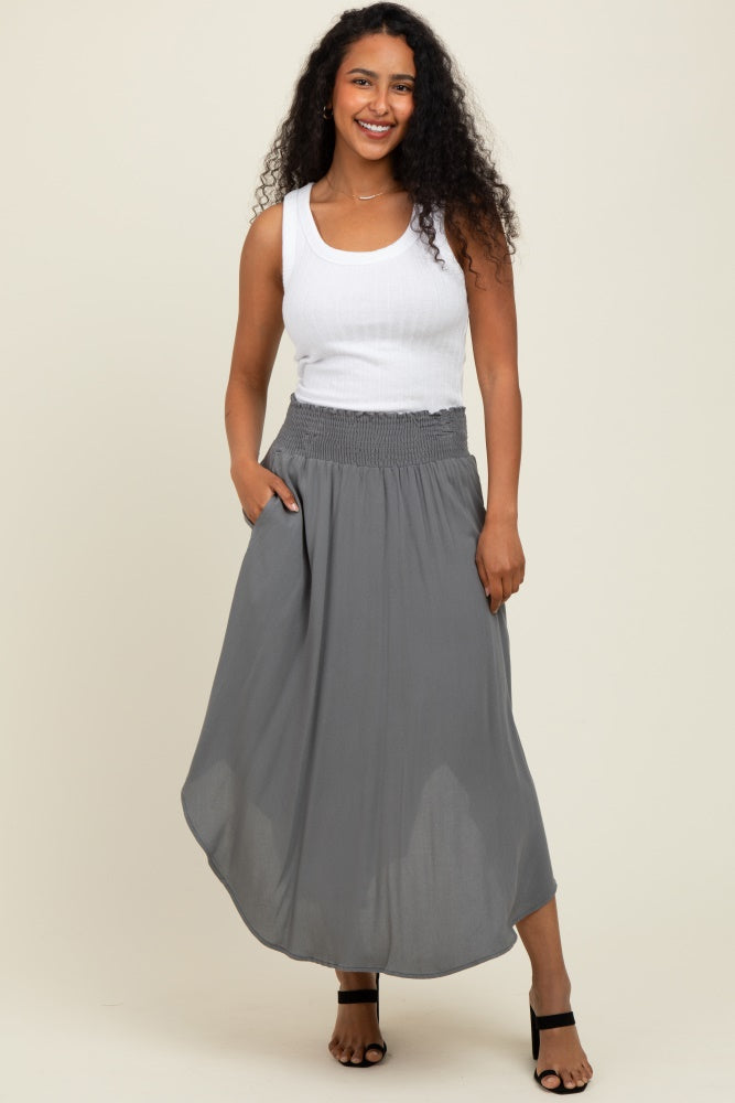 Charcoal Smocked Waist Rounded Hem Maternity Midi Skirt