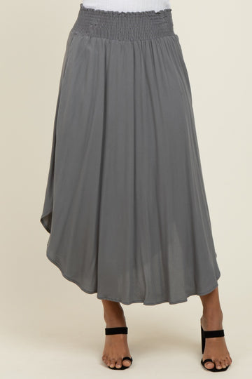 Charcoal Smocked Waist Rounded Hem Midi Skirt