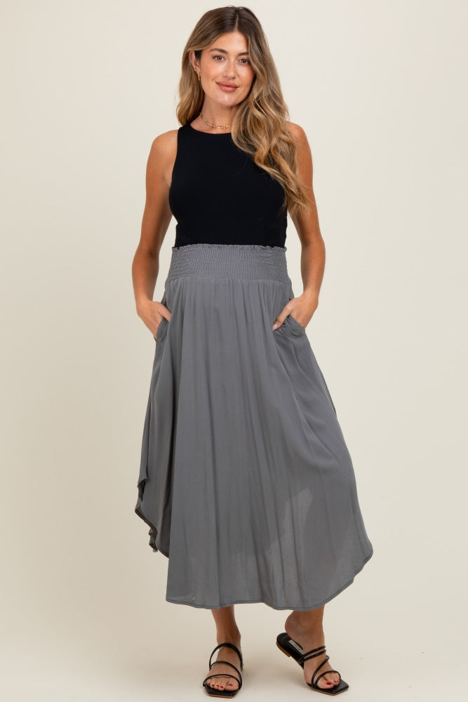 Charcoal Smocked Waist Rounded Hem Maternity Midi Skirt