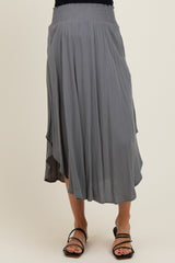 Charcoal Smocked Waist Rounded Hem Maternity Midi Skirt