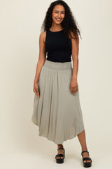 Light Olive Smocked Waist Rounded Hem Maternity Midi Skirt