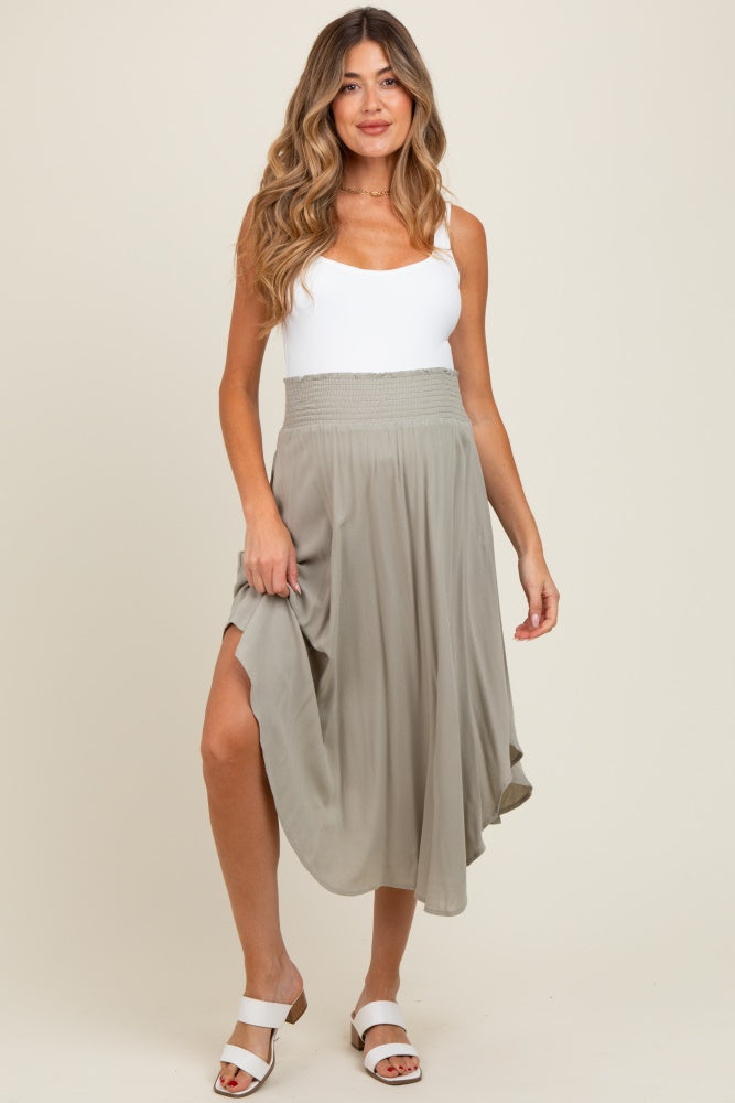 Light Olive Smocked Waist Rounded Hem Maternity Midi Skirt