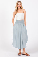 Light Blue Smocked Waist Rounded Hem Midi Skirt
