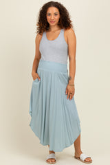 Light Blue Smocked Waist Rounded Hem Maternity Midi Skirt