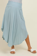 Light Blue Smocked Waist Rounded Hem Maternity Midi Skirt