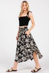 Black Floral Smocked Waistband Midi Skirt
