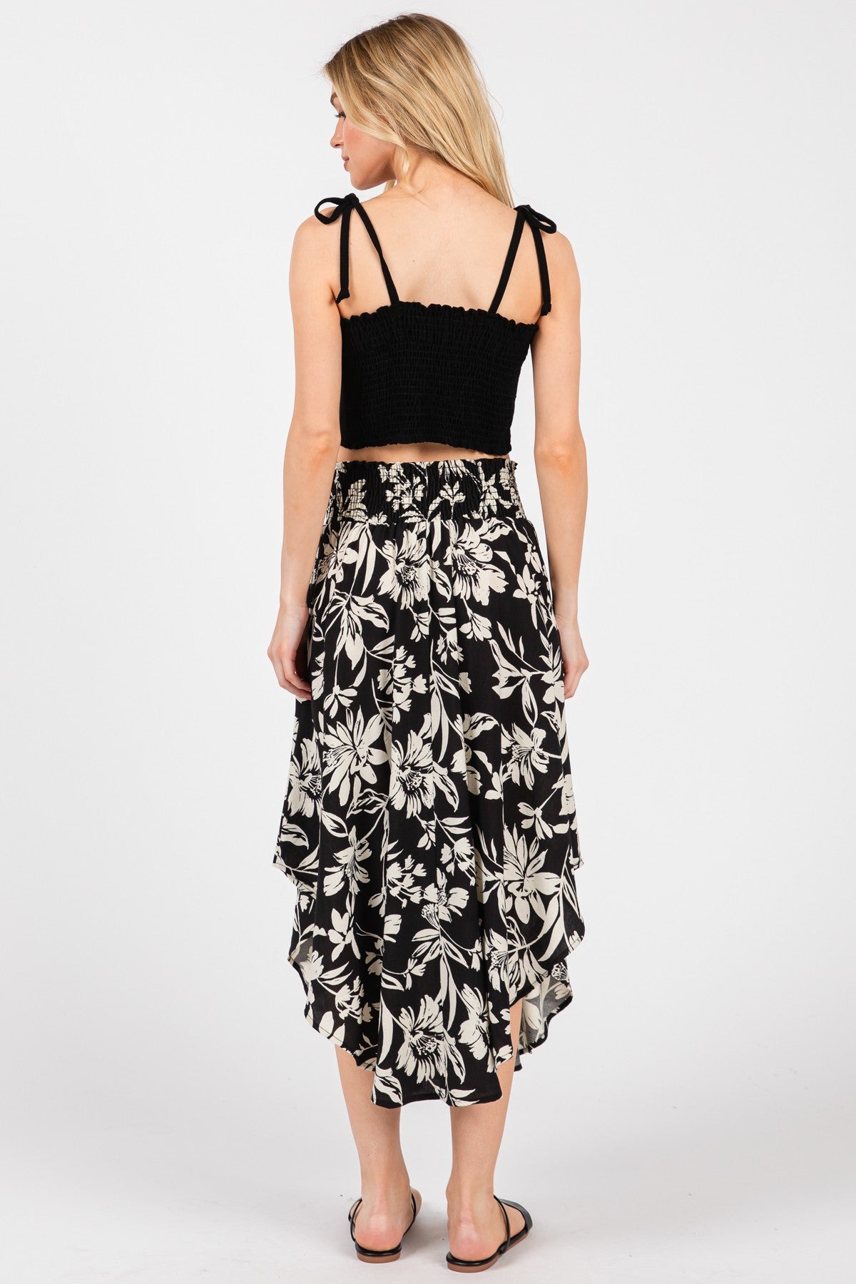 Black Floral Smocked Waistband Midi Skirt