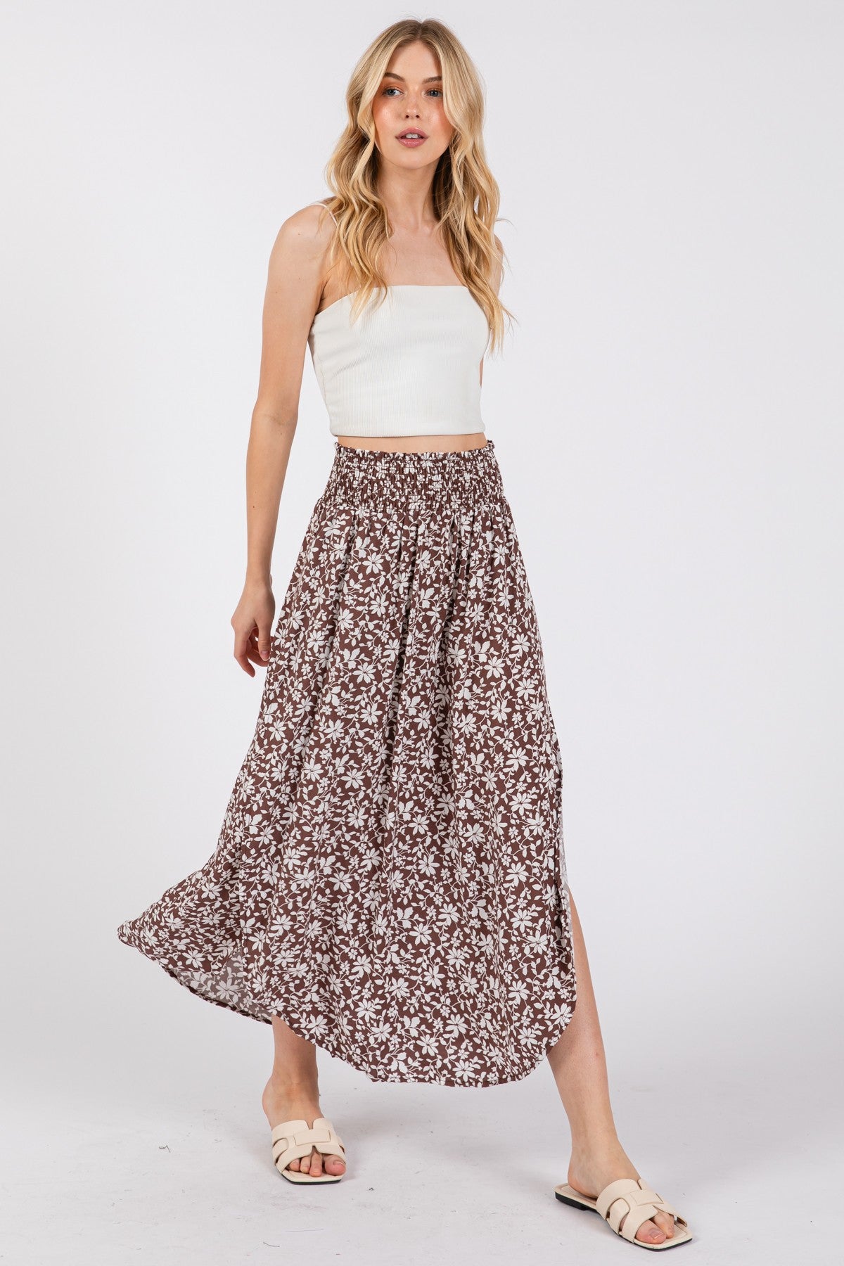Brown Floral Smocked Waist Side Slit Skirt