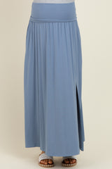 maternity wear blue maxi skirt with a high waist and side slit, model wearing flat sandals