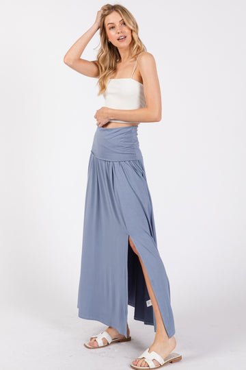 Light Blue Foldover Waist Side Slit Maxi Skirt