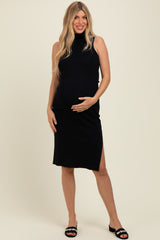 Black Knit Turtleneck Sleeveless Side Slit Maternity Midi Dress