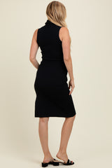 Black Knit Turtleneck Sleeveless Side Slit Maternity Midi Dress
