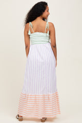 Lavender Multi-Color Striped Color Block Shoulder Tie Maternity Maxi Dress