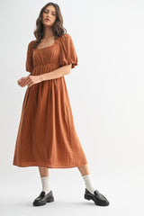 Rust Ribbed Puff Sleeve Tie Back Midi Dress