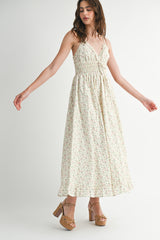 Pink Floral Smocked Waist Ruffle Accent Midi Dress