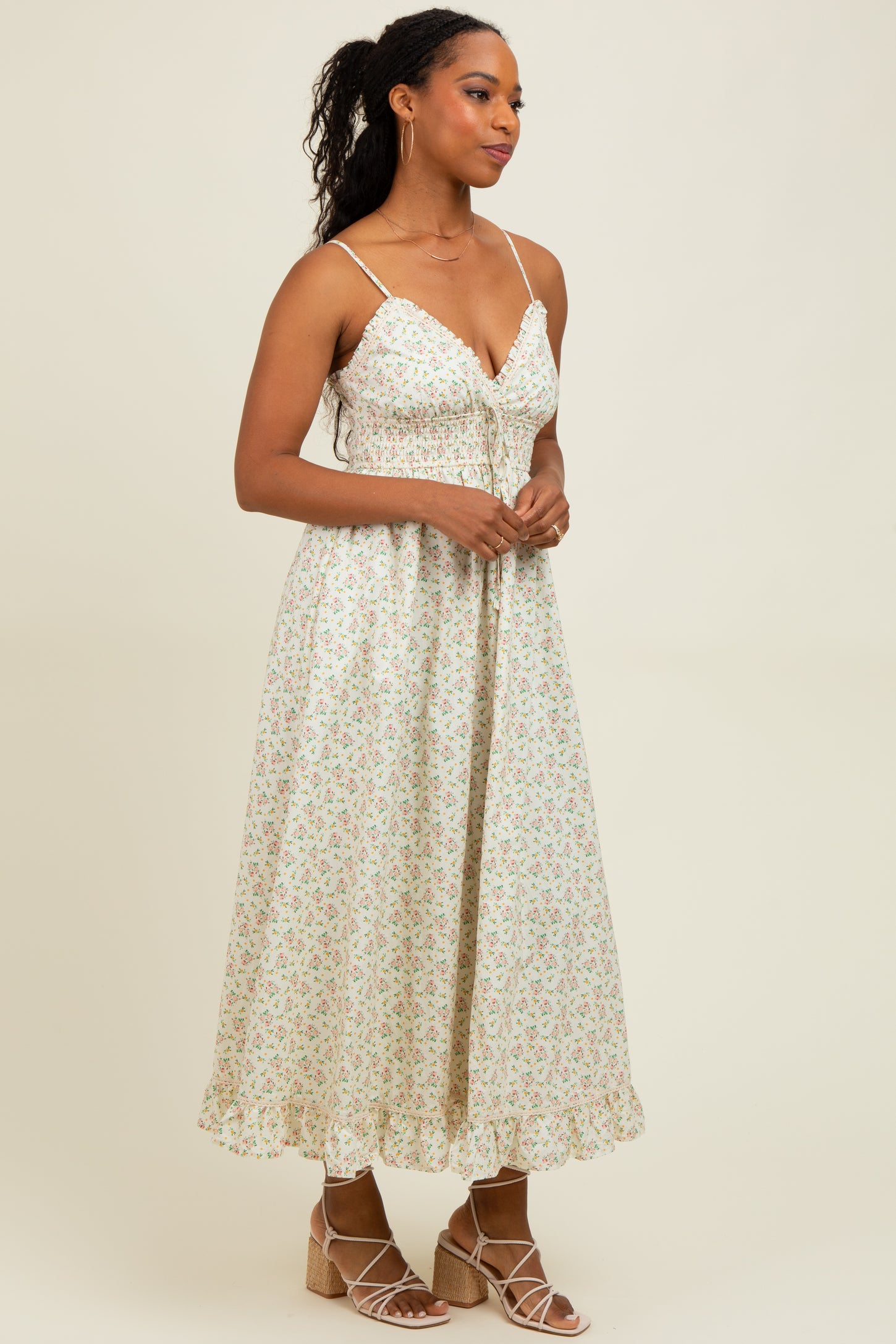 Pink Floral Smocked Waist Ruffle Accent Midi Dress