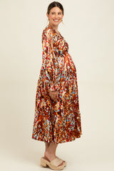 Mocha Multi Color Satin V-Neck Long Sleeve Maternity Maxi Dress