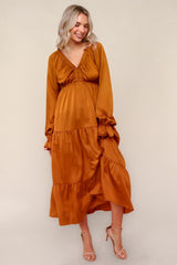 Rust Solid V-Neck Satin Long Sleeve Maxi Dress