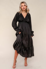 Black Solid V-Neck Satin Long Sleeve Maxi Dress