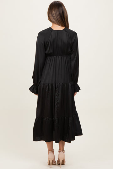 Black Solid V-Neck Satin Long Sleeve Maternity Maxi Dress