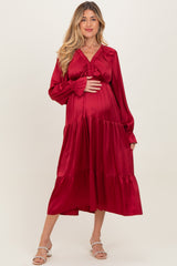 Burgundy Solid V-Neck Satin Long Sleeve Maternity Maxi Dress