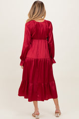 Burgundy Solid V-Neck Satin Long Sleeve Maternity Maxi Dress