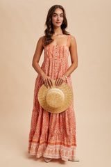 Orange Border Print Sleeveless Maxi Dress