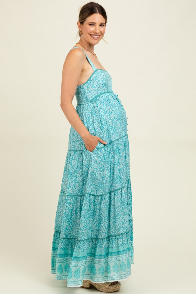Aqua Border Print Sleeveless Maternity Maxi Dress
