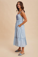 Light Blue Cross Stitch Embroidered Maxi Dress