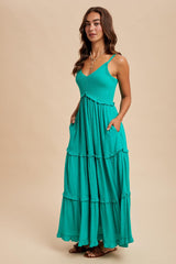 Emerald Swiss Dot Smocked Sleeveless Maxi Dress