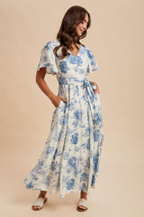 Ivory Multi Floral Flutter Sleeve Maxi Dress