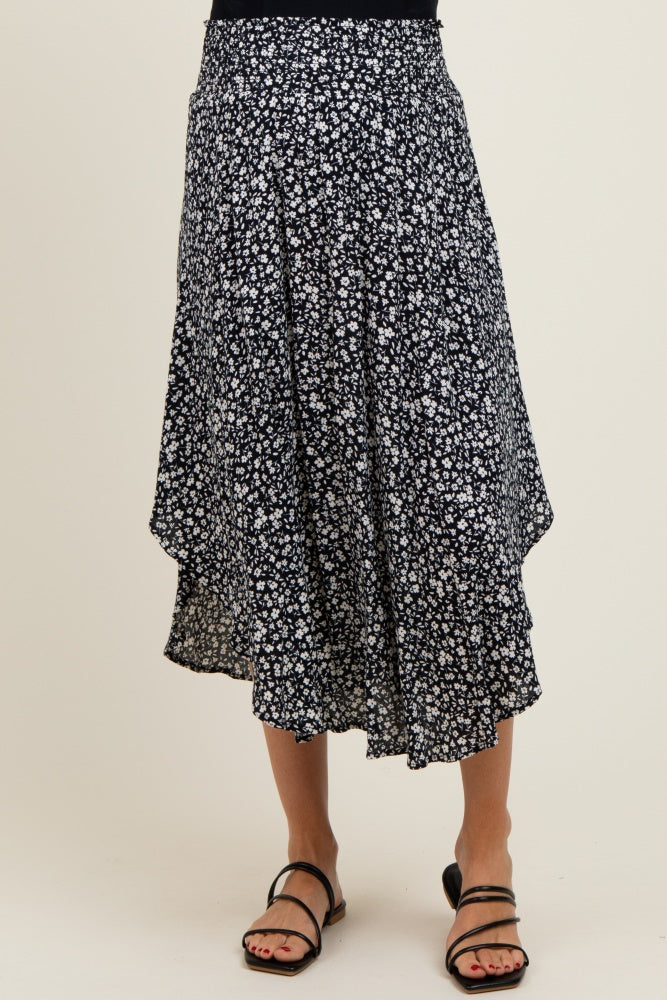 Black Floral Smocked Waist Round Hem Maternity Midi Skirt