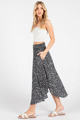 Black Floral Smocked Waist Round Hem Midi Skirt