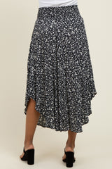 Black Floral Smocked Waist Round Hem Midi Skirt