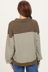 Olive Striped Oversized Collared Pullover Top