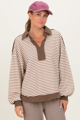 Mocha Striped Oversized Collared Pullover Top